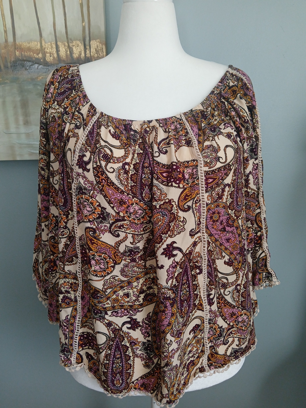 Fever Cream Paisley Boho Blouse with Purple & Brown Accents